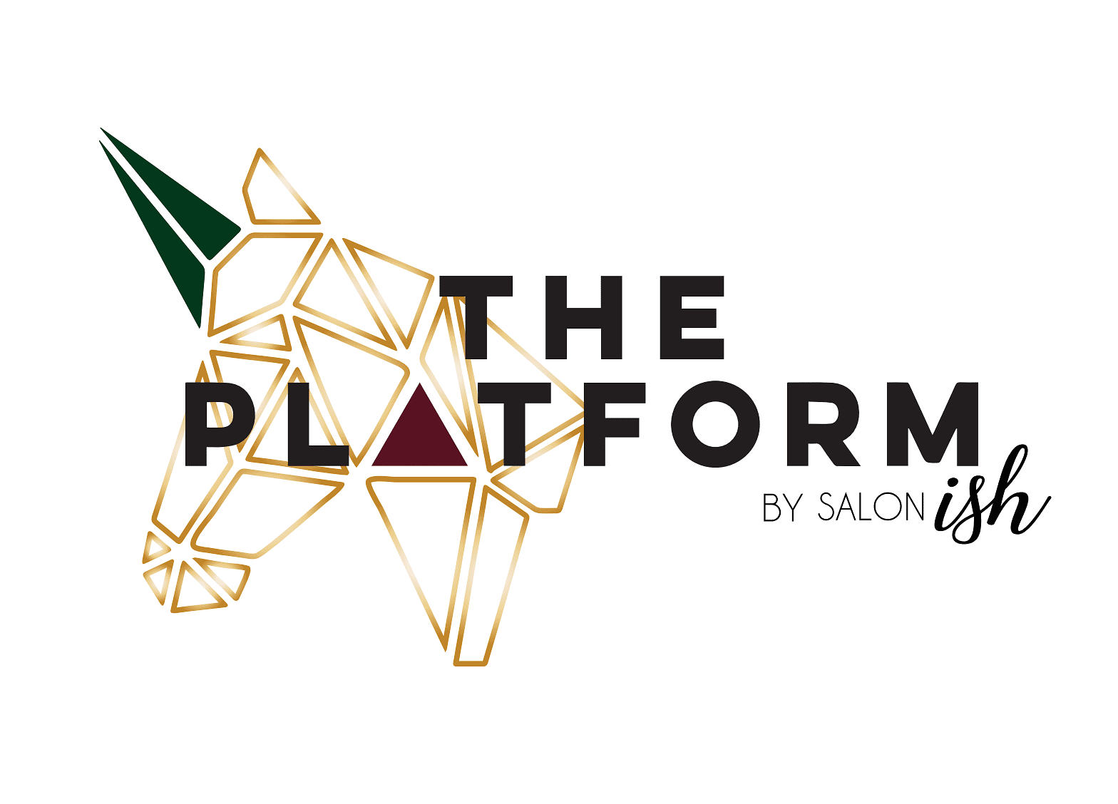 Geometric unicorn with "THE PLATFORM BY SALON ish" text in black and gold.